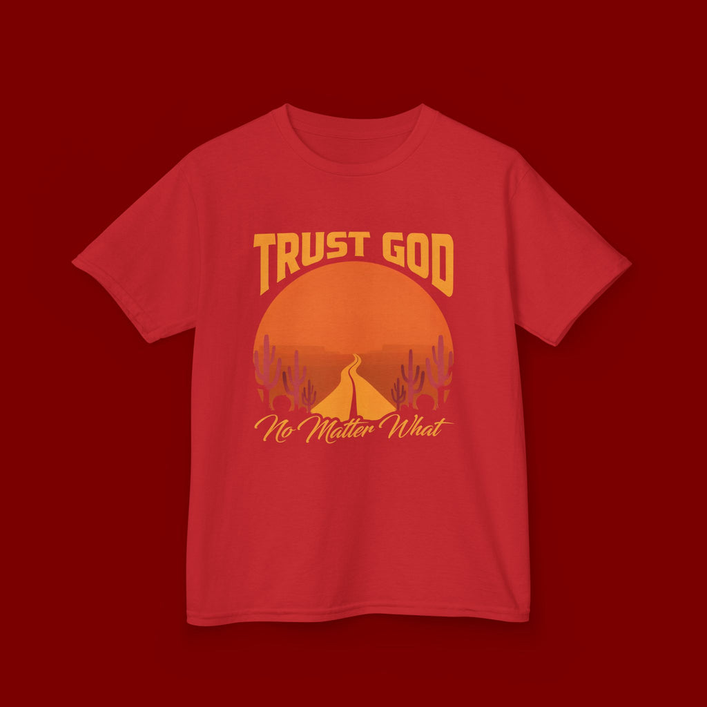 Kids Tee — "Trust God No Matter What" Sunset Camping Graphic