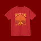 Kids Tee — "Trust God No Matter What" Sunset Camping Graphic