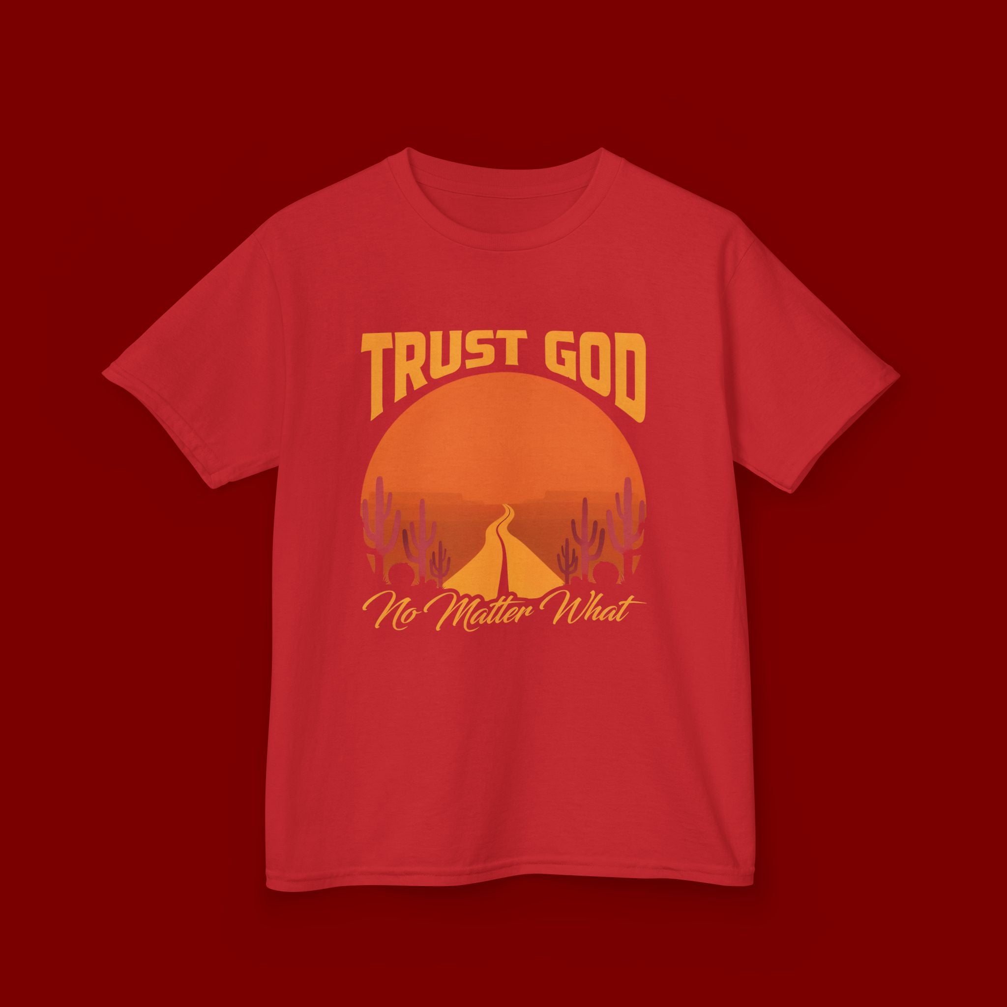 Kids Tee — "Trust God No Matter What" Sunset Camping Graphic
