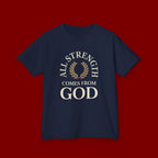 Kids T-Shirt – "All Strength Comes From God" Faith Tee for Boys & Girls