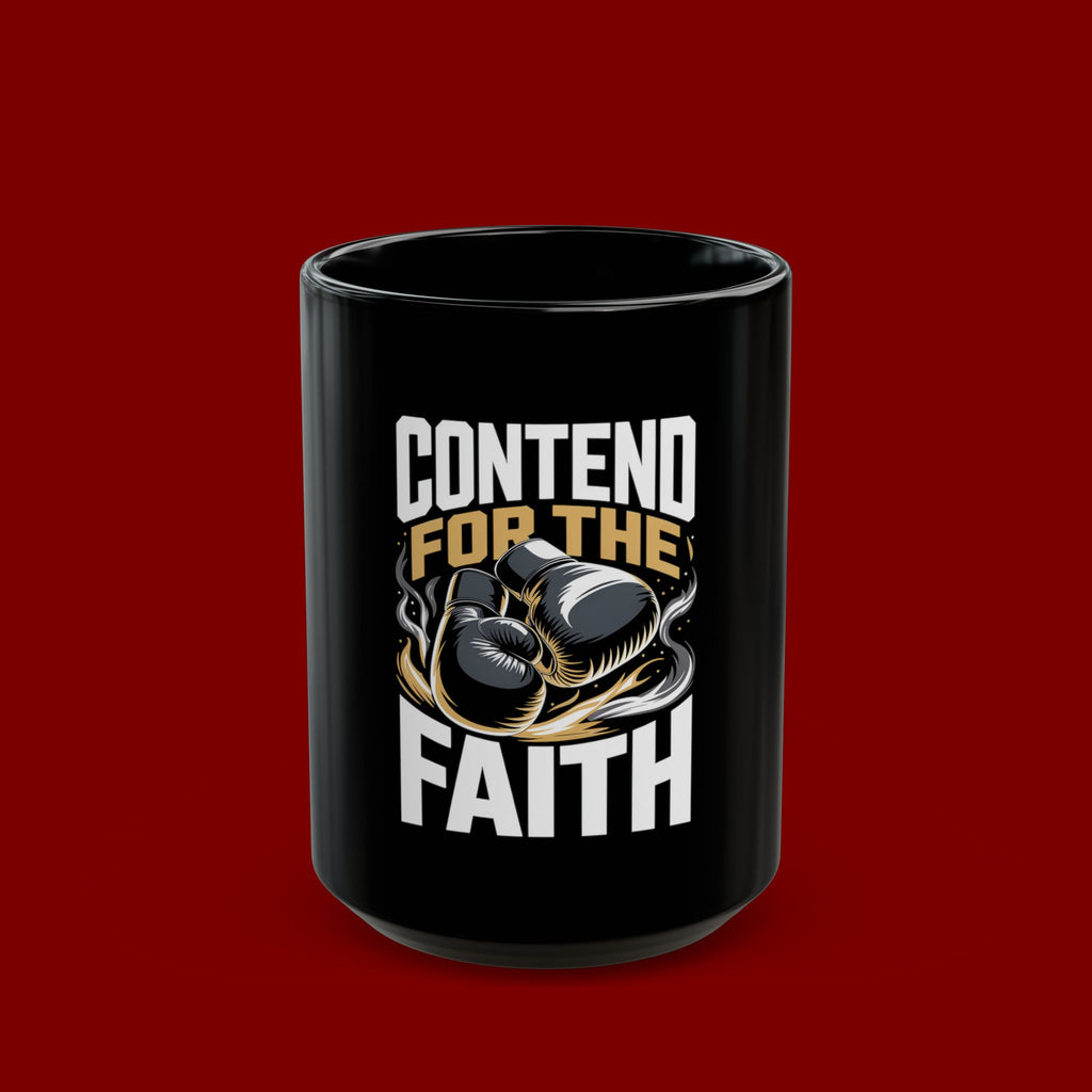 Contend for the Faith Black Mug – Inspirational Boxing Gloves Religious Coffee Cup (11oz/15oz)