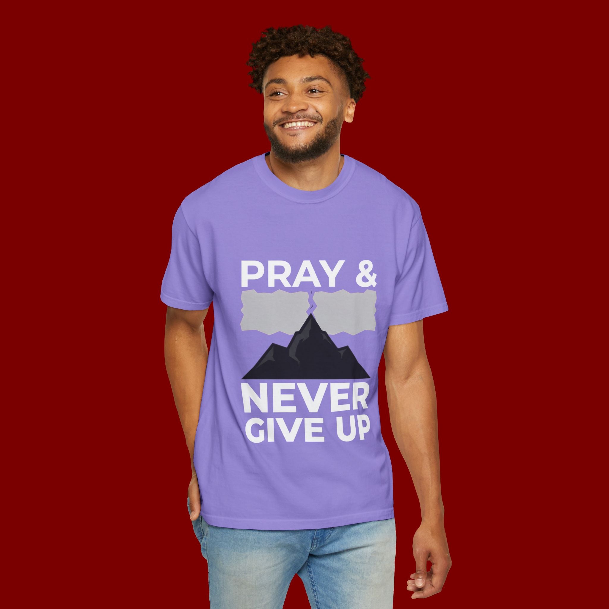 Pray & Never Give Up T-Shirt — Inspirational Christian Mountain Tee