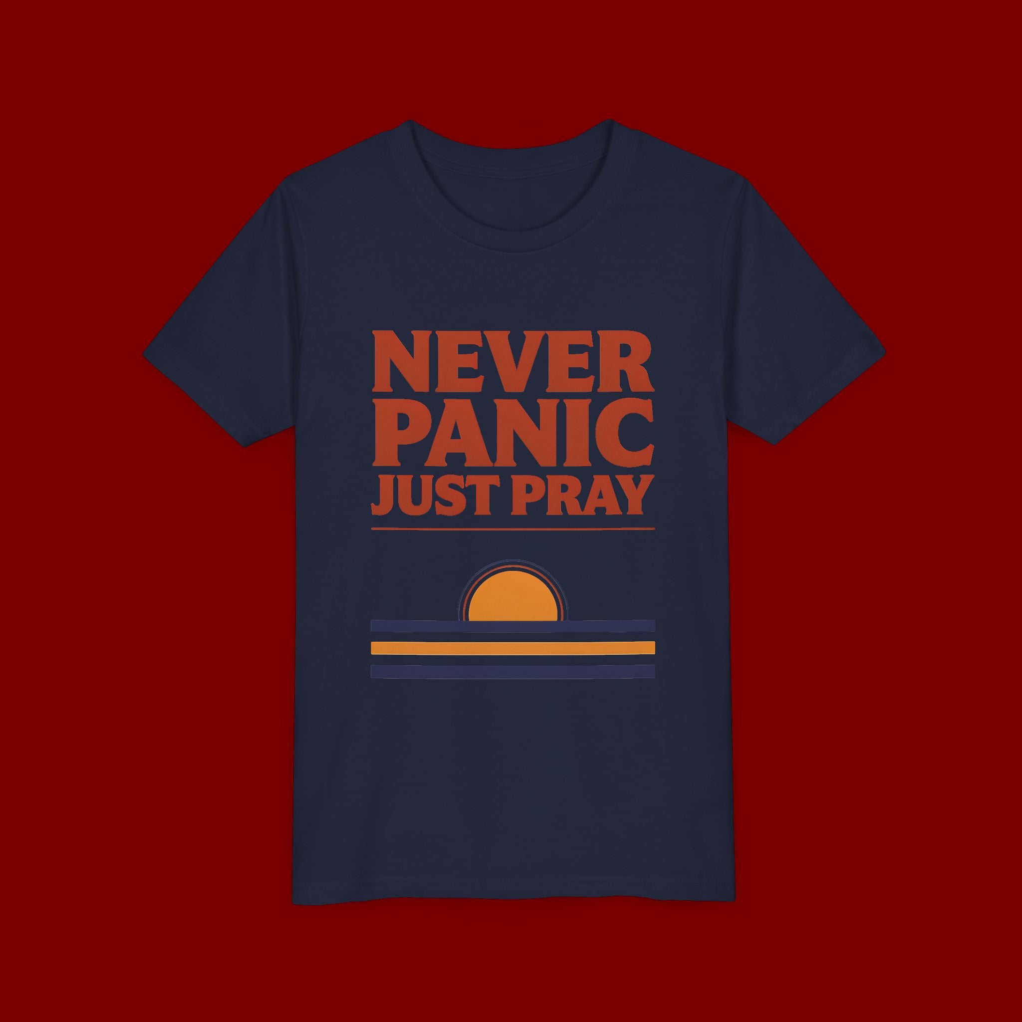 Youth Tee — "Never Panic Just Pray" Retro Sunset Kids T-Shirt