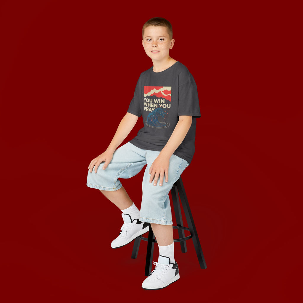 Kids Tee – “You Win When You Pray” Retro Wave Ocean Graphic