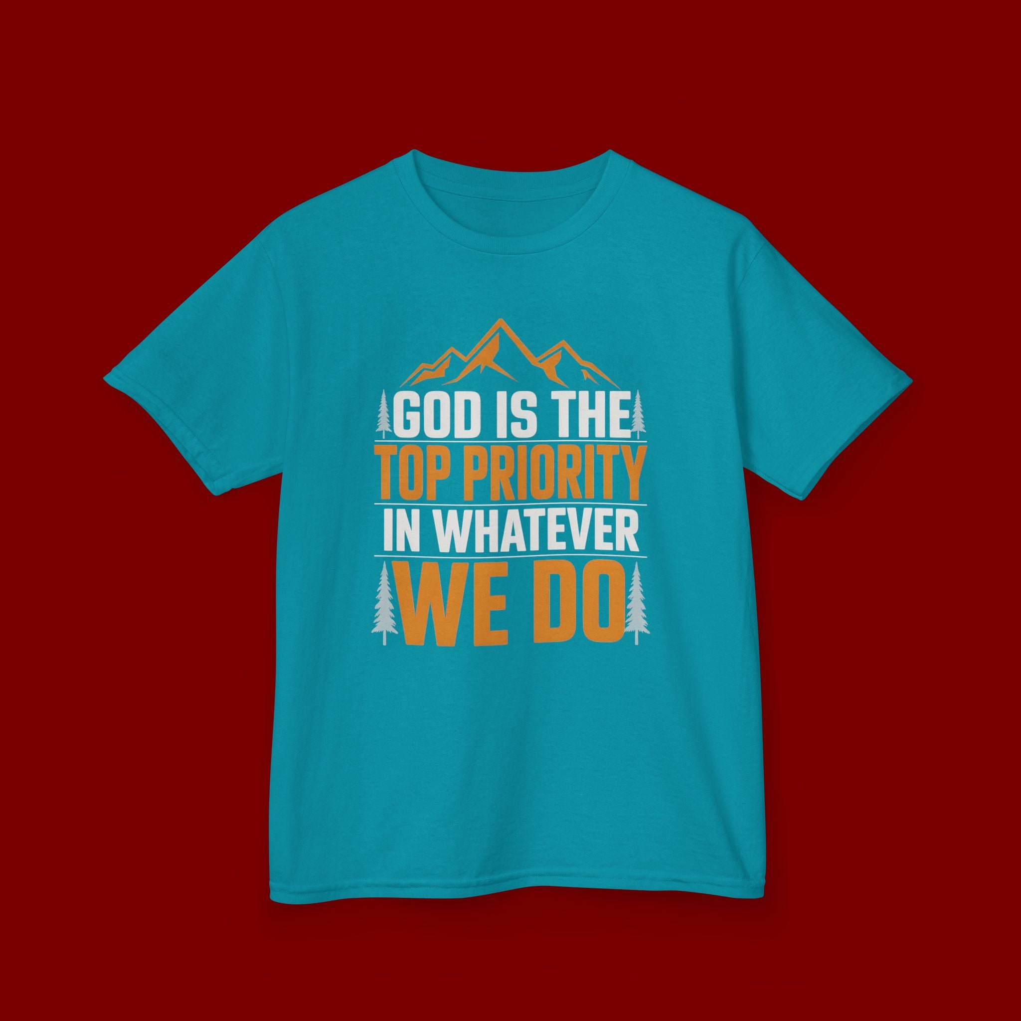 Kids Tee - "God Is the Top Priority in Whatever We Do" Faith Mountain Graphic