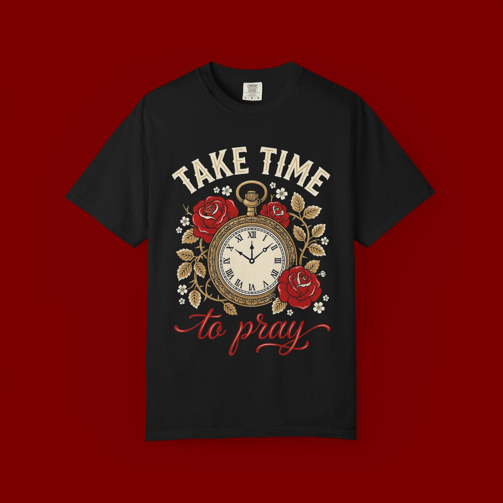 Take Time to Pray Pocket Watch T-Shirt — Faith-Based Floral Christian Tee