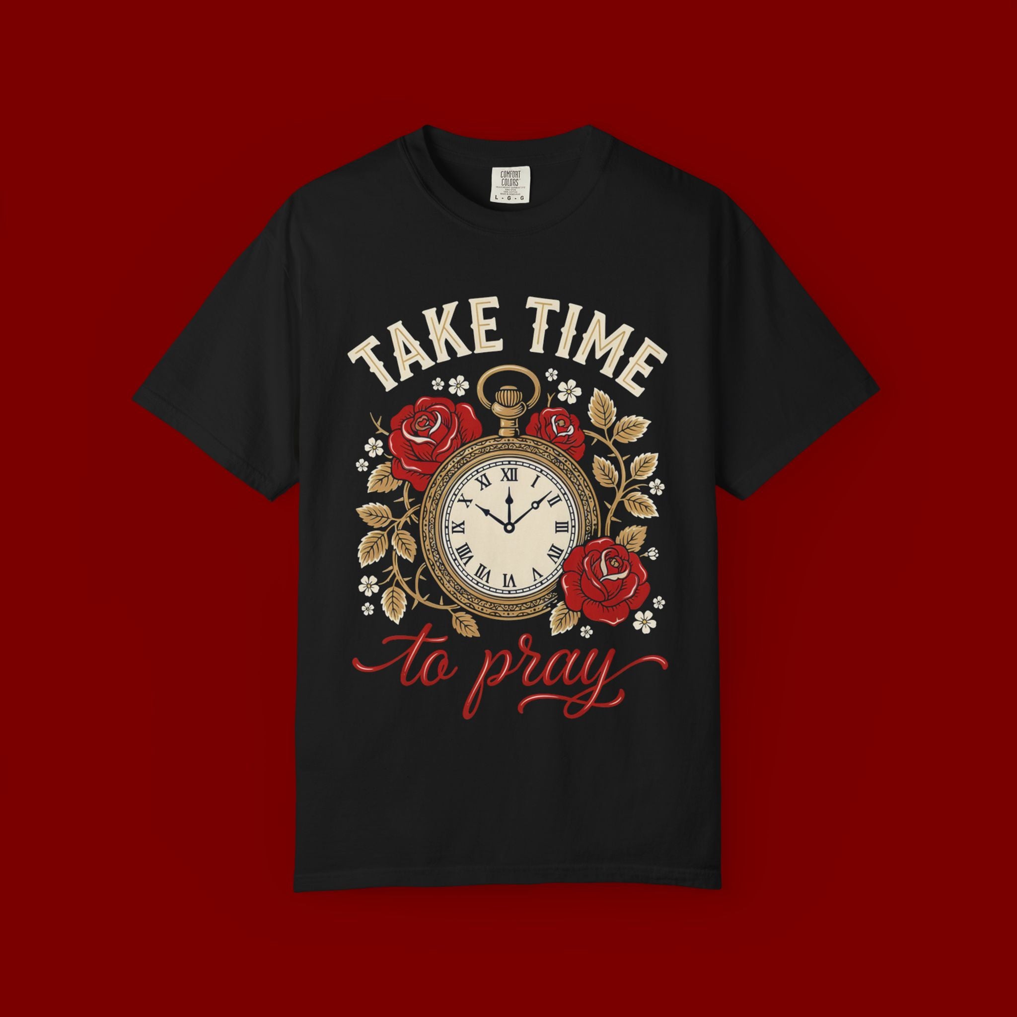 Take Time to Pray Pocket Watch T-Shirt — Faith-Based Floral Christian Tee