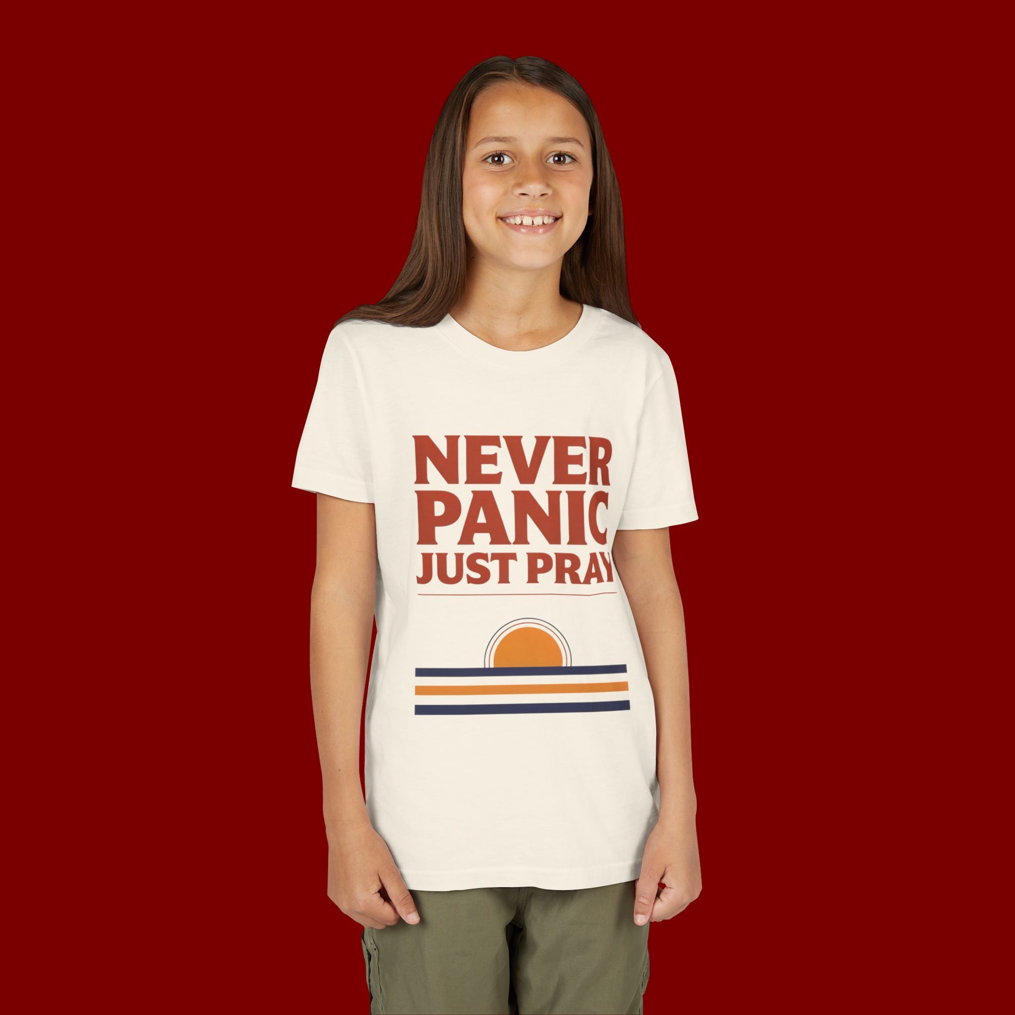 Youth Tee — "Never Panic Just Pray" Retro Sunset Kids T-Shirt
