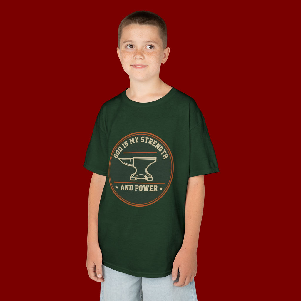 Kids Tee — "God Is My Strength and Power" Anvil & Anvil-Forge Christian Youth Shirt