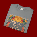 T-Shirt — Retro Sunset Floral Graphic “Play On It, Pray Over It, Pray Through It”