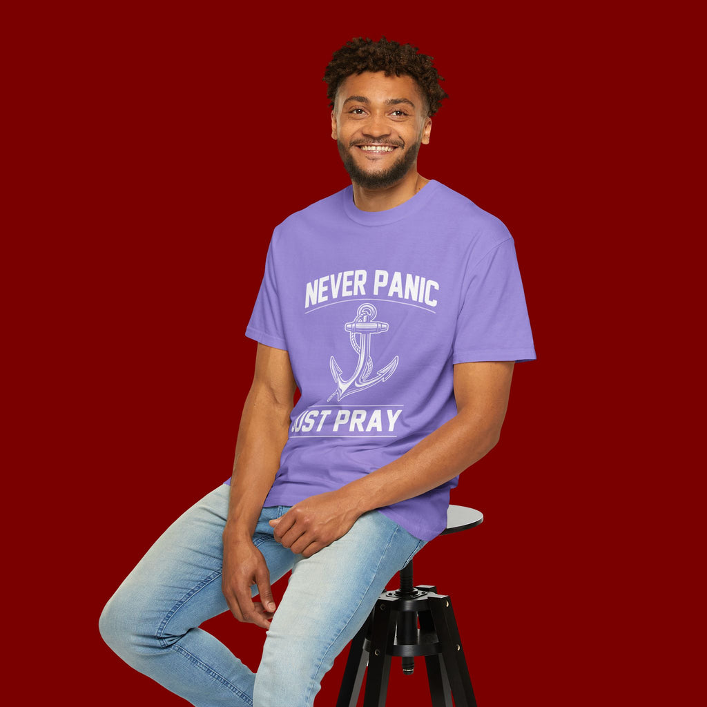T-Shirt — "Never Panic Just Pray" Anchor Christian Faith Tee