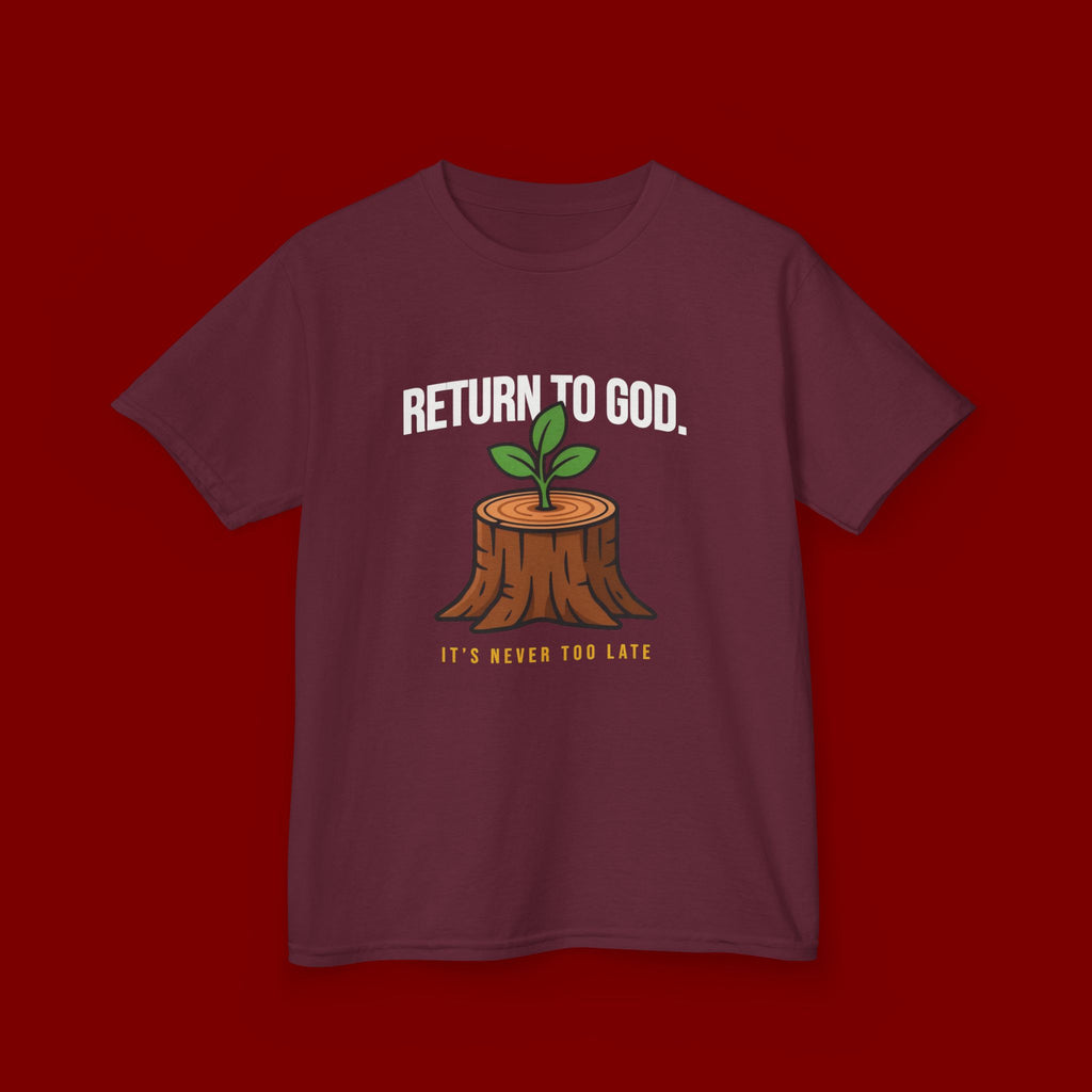 Return to God Kids T-Shirt – Tree Stump with Sprout, “It’s Never Too Late” Inspirational Youth Tee