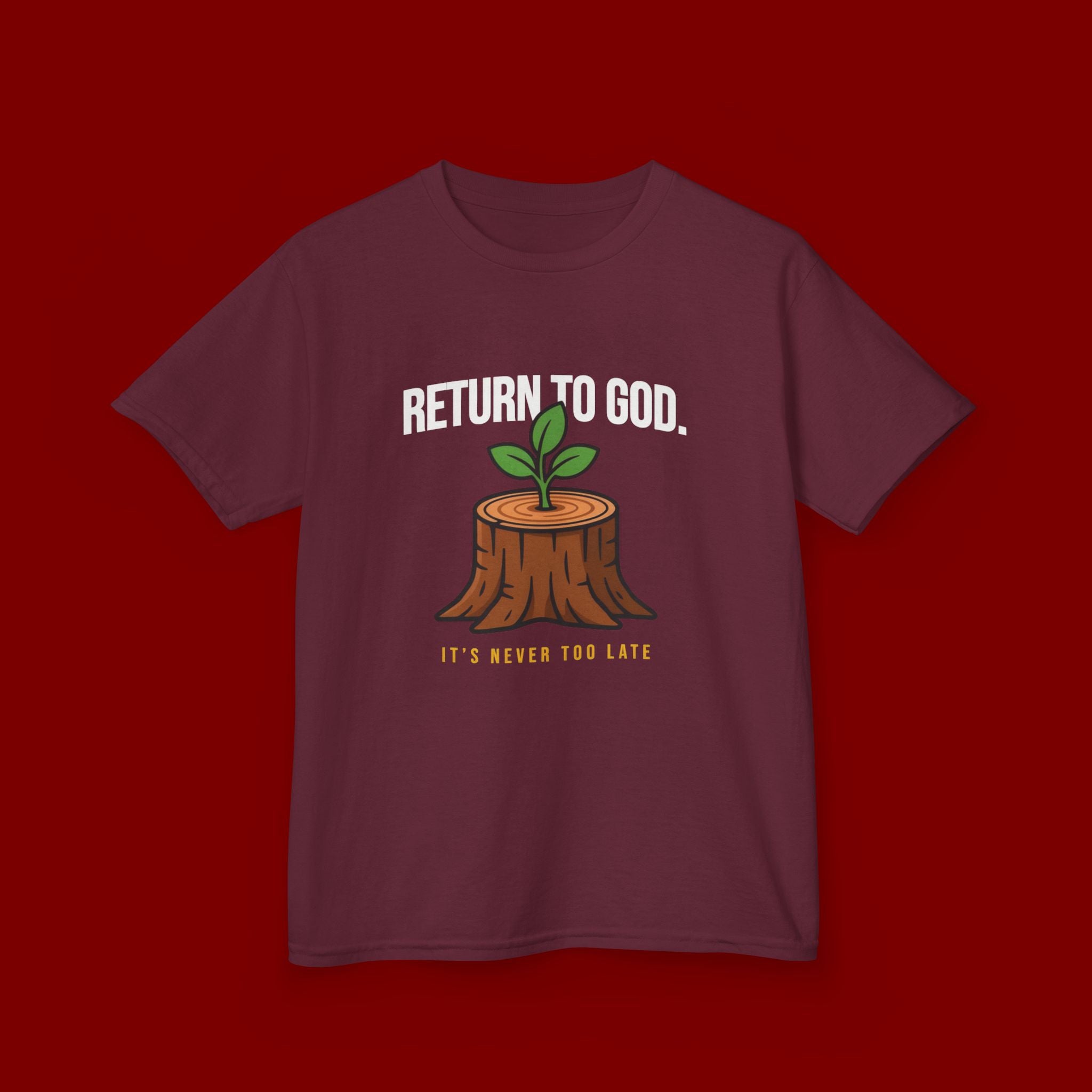 Return to God Kids T-Shirt – Tree Stump with Sprout, “It’s Never Too Late” Inspirational Youth Tee