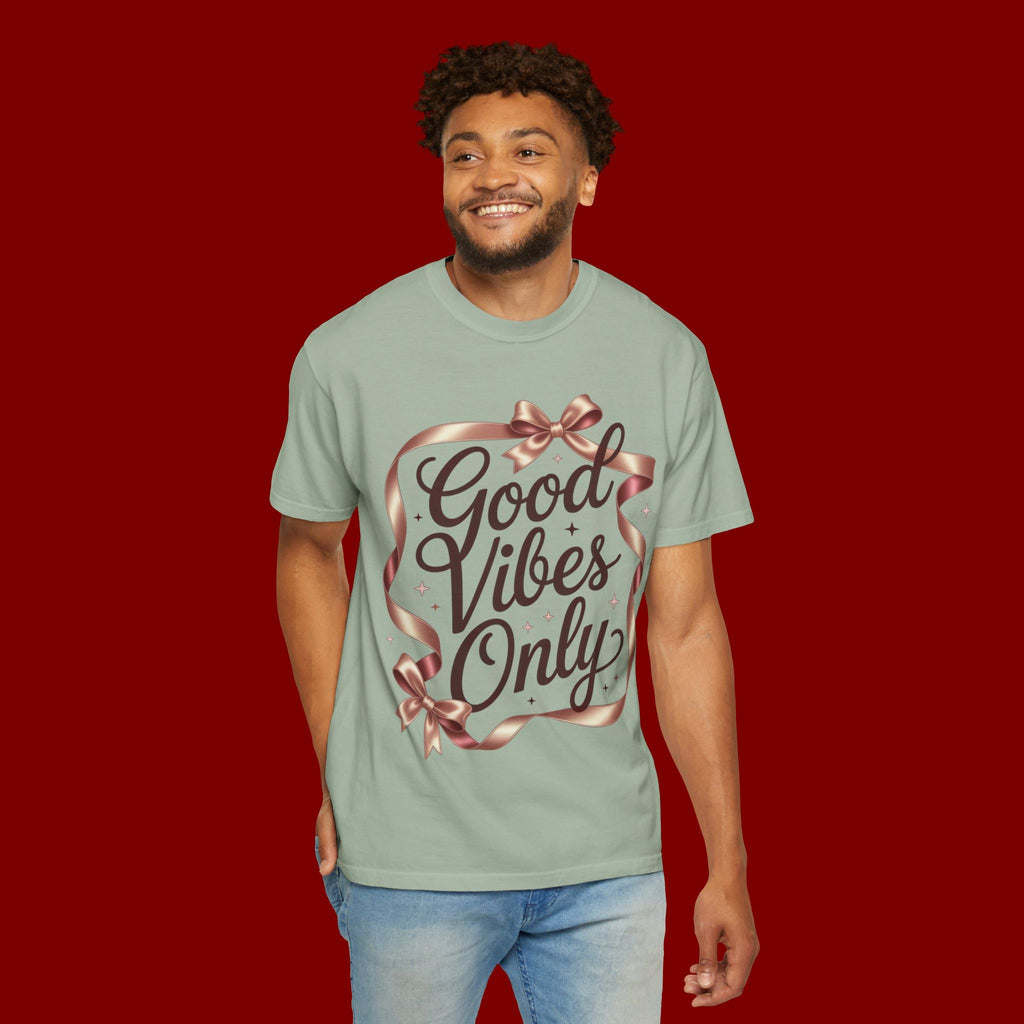 Good Vibes Only T-Shirt — Positive Message Graphic Tee with Ribbon Design