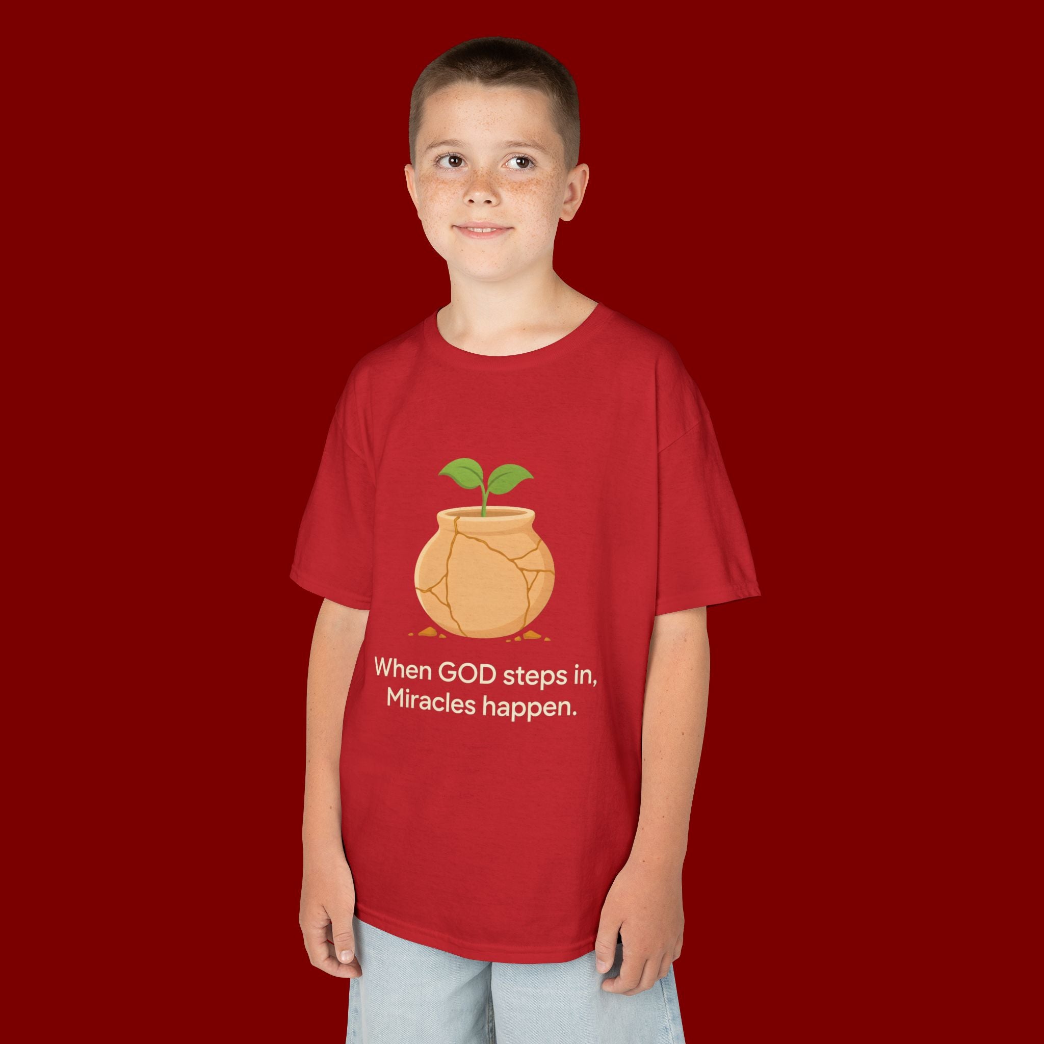 Kids Tee — "When GOD steps in, Miracles happen." Inspirational Christian T‑Shirt with Sprout Pot Design