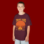 Kids Tee — "Trust God No Matter What" Sunset Camping Graphic