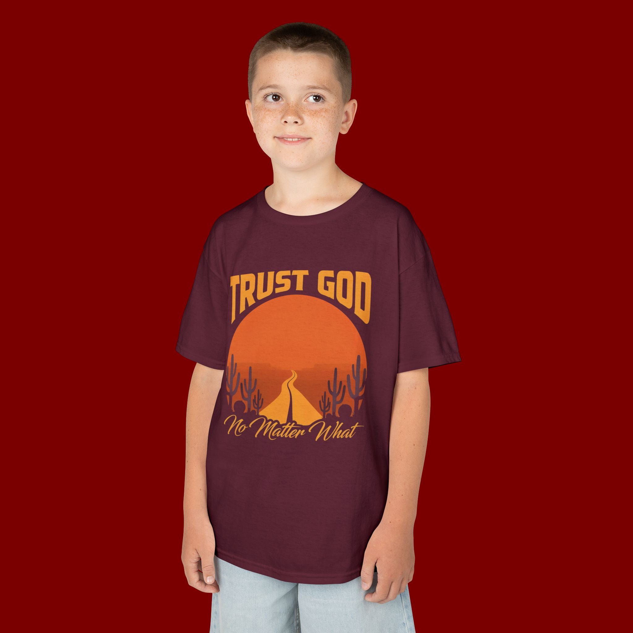 Kids Tee — "Trust God No Matter What" Sunset Camping Graphic