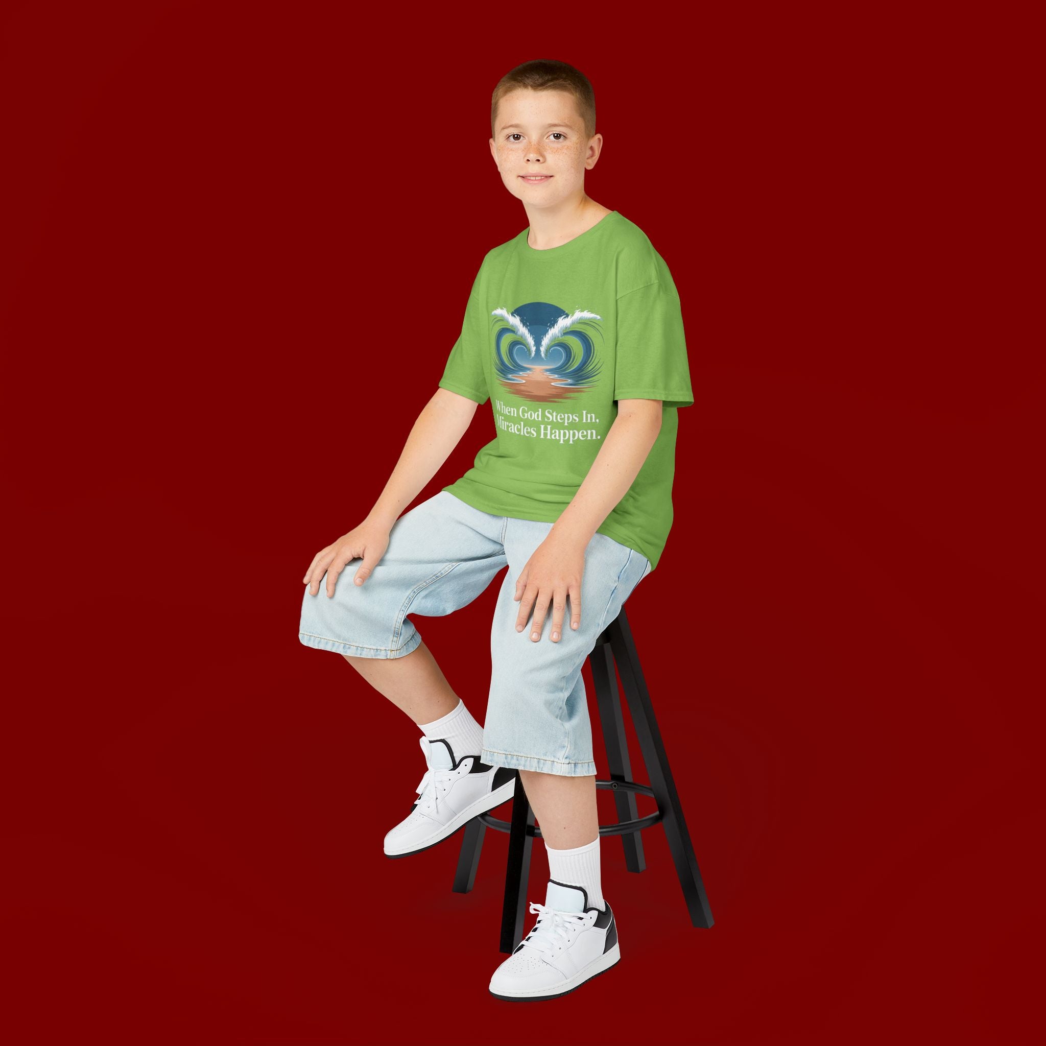Kids Tee — “When God Steps In, Miracles Happen” Wave Heart Faith Shirt