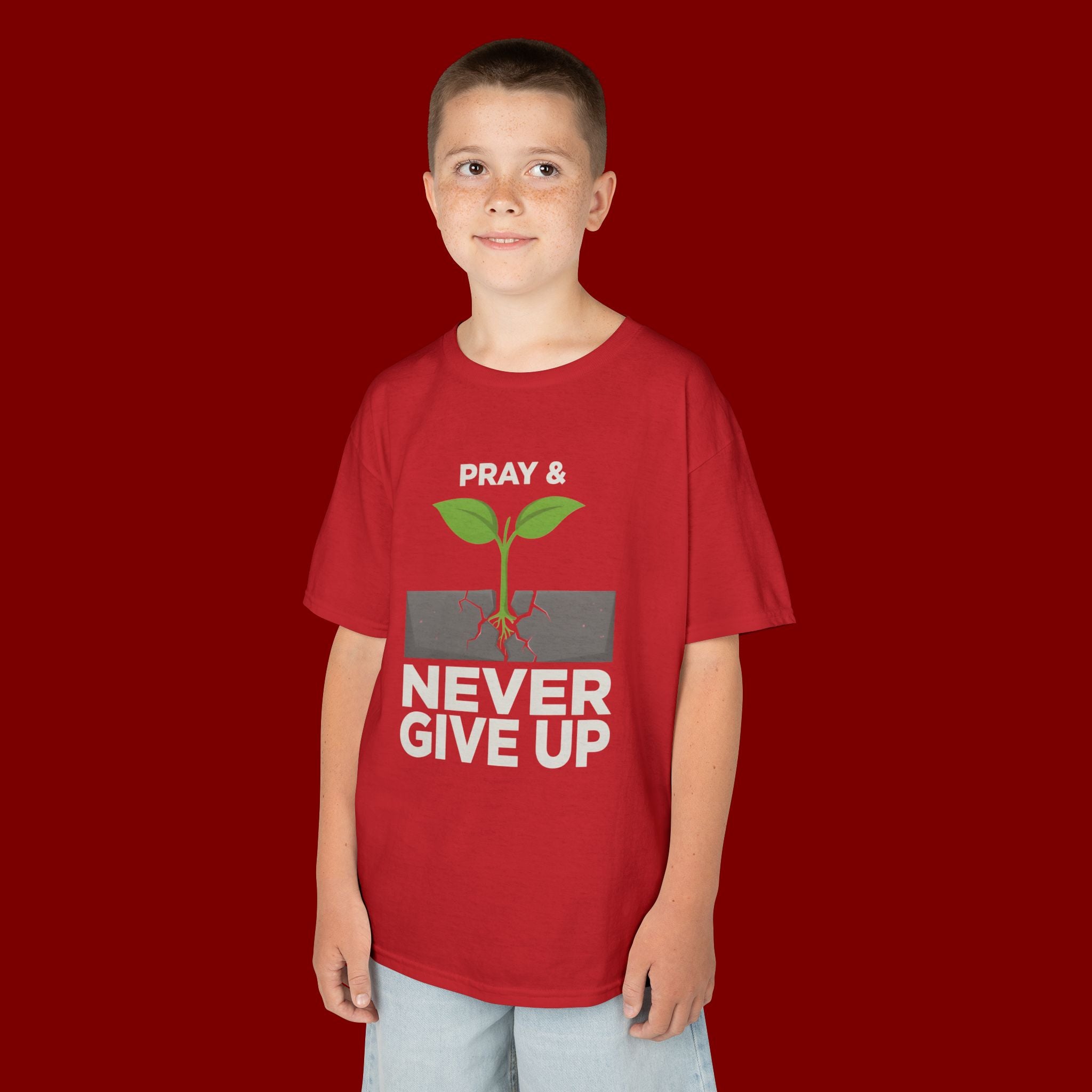 Kids Tee – "Pray & Never Give Up" Inspirational Plant Graphic