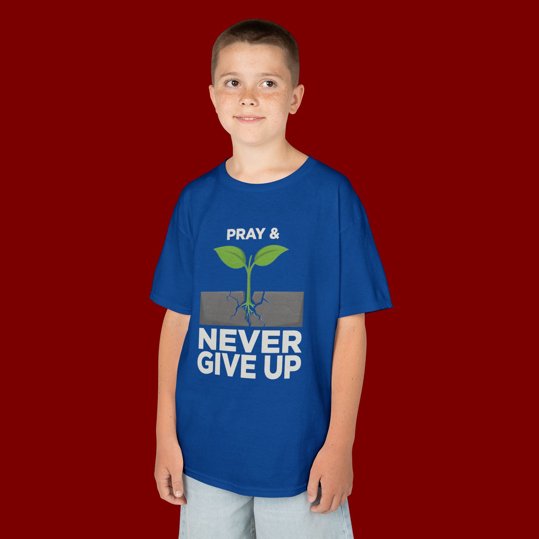 Kids Tee – "Pray & Never Give Up" Inspirational Plant Graphic