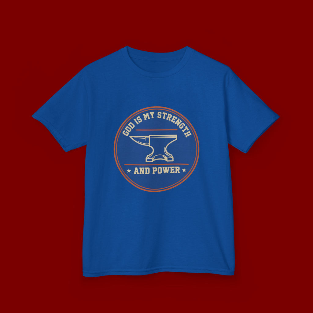 Kids Tee — "God Is My Strength and Power" Anvil & Anvil-Forge Christian Youth Shirt