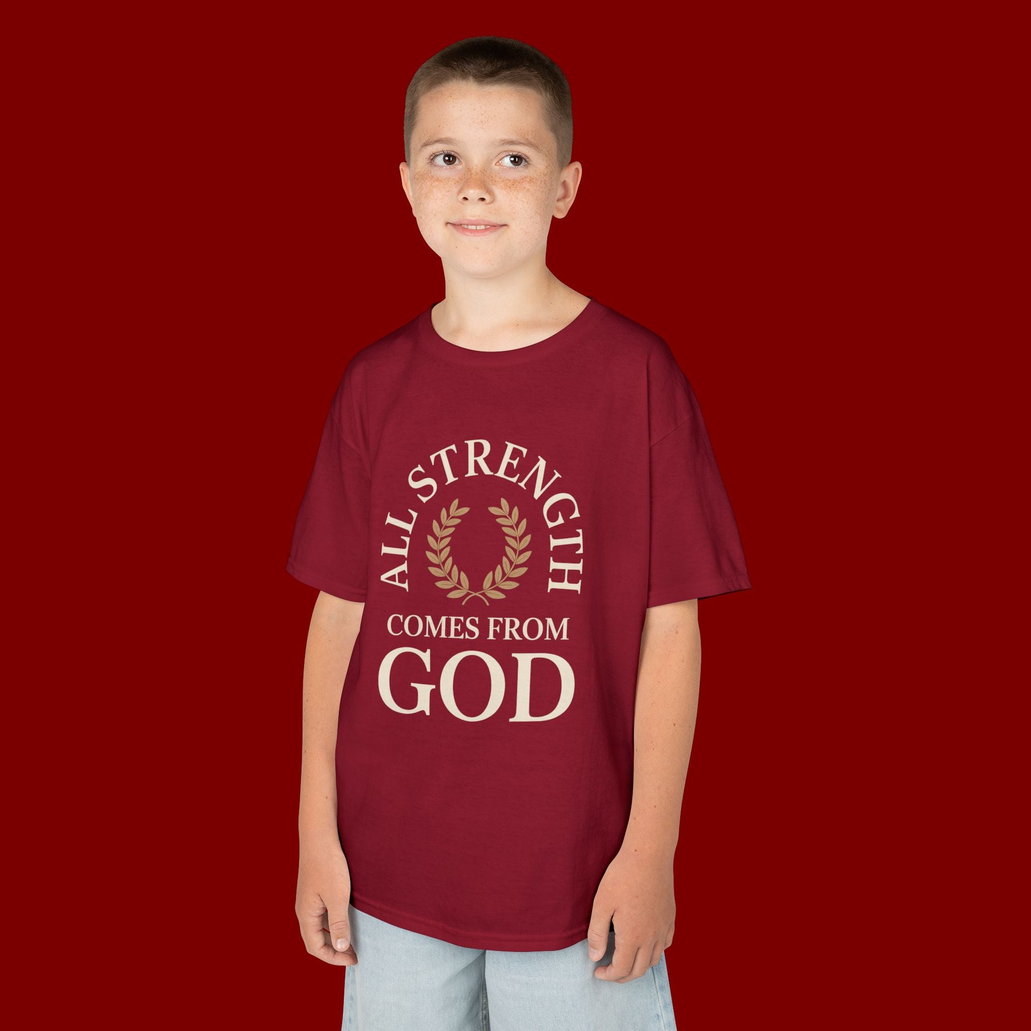 Kids T-Shirt – "All Strength Comes From God" Faith Tee for Boys & Girls