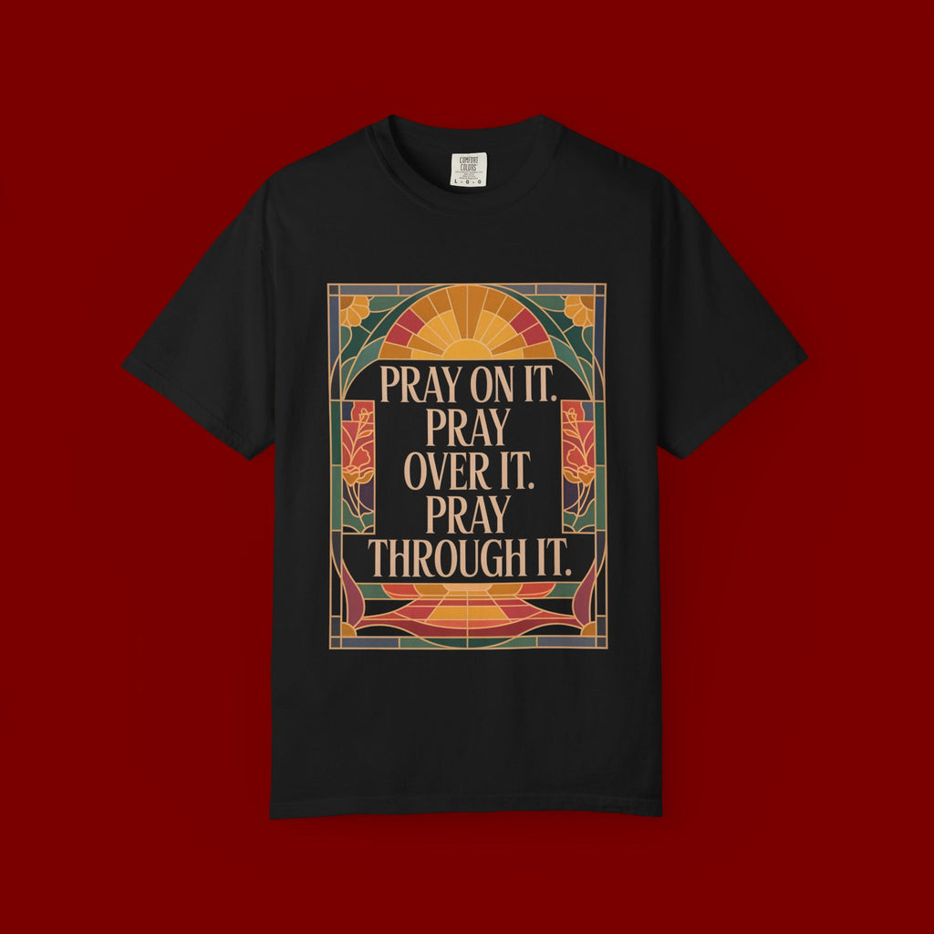 T-Shirt — Retro Sunset Floral Graphic “Play On It, Pray Over It, Pray Through It”