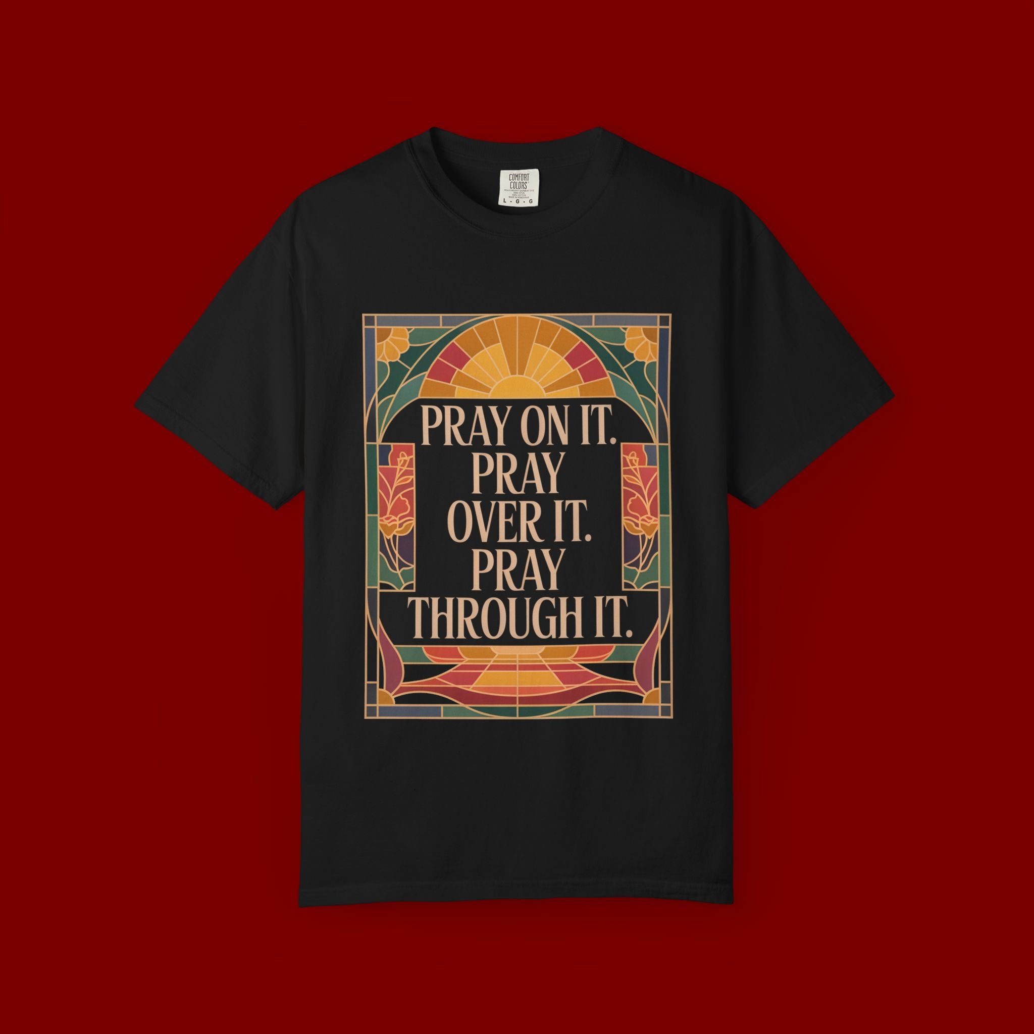 T-Shirt — Retro Sunset Floral Graphic “Play On It, Pray Over It, Pray Through It”
