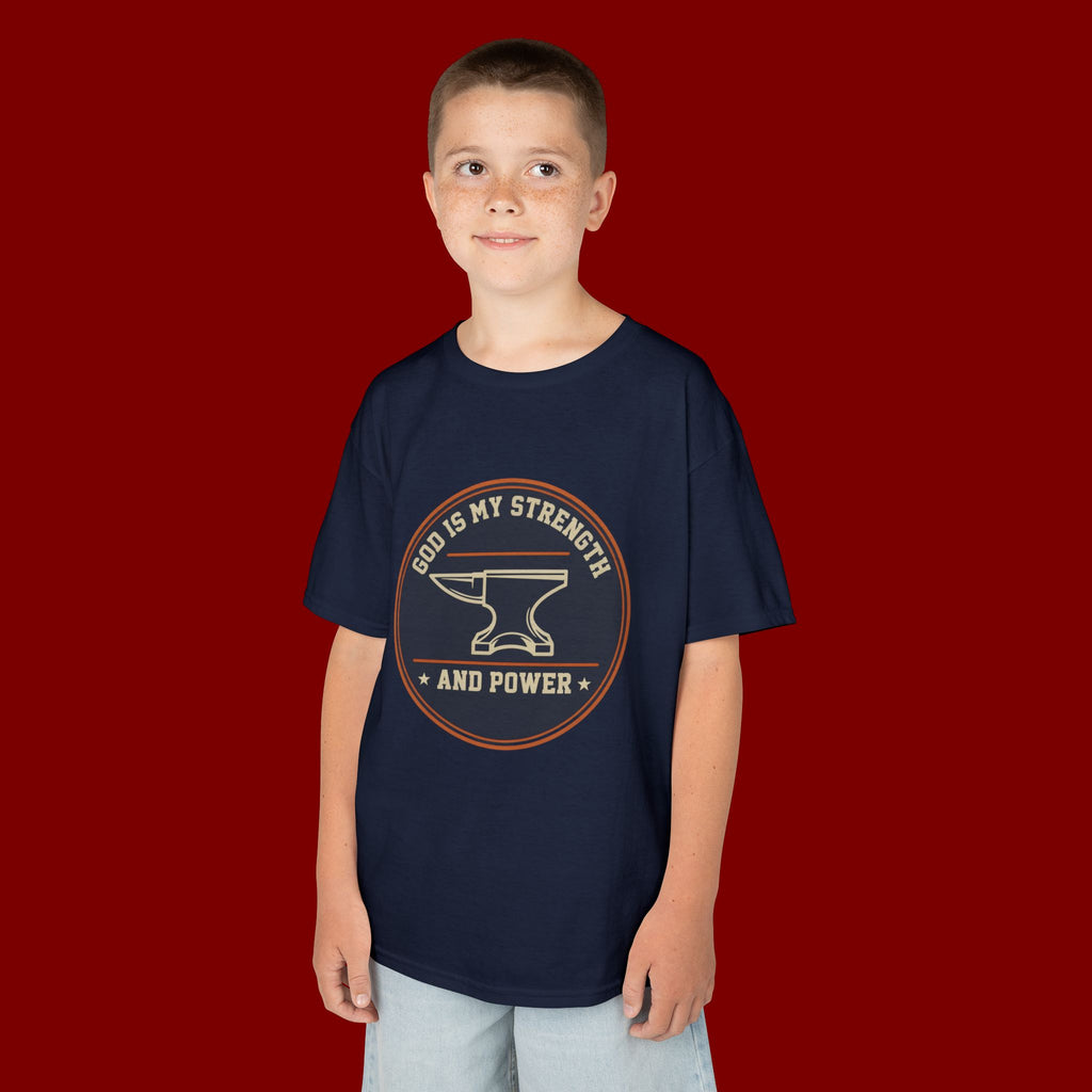 Kids Tee — "God Is My Strength and Power" Anvil & Anvil-Forge Christian Youth Shirt