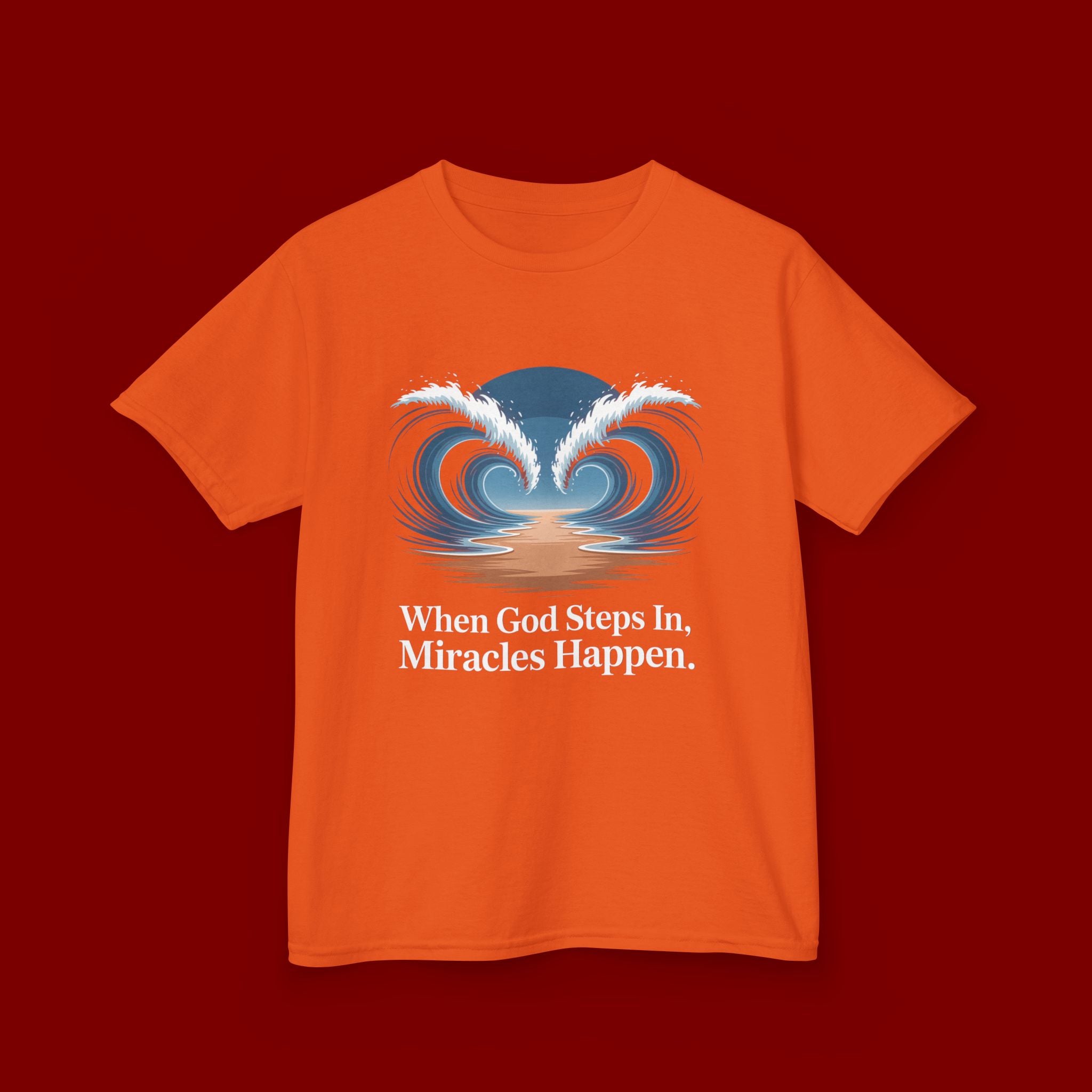 Kids Tee — “When God Steps In, Miracles Happen” Wave Heart Faith Shirt