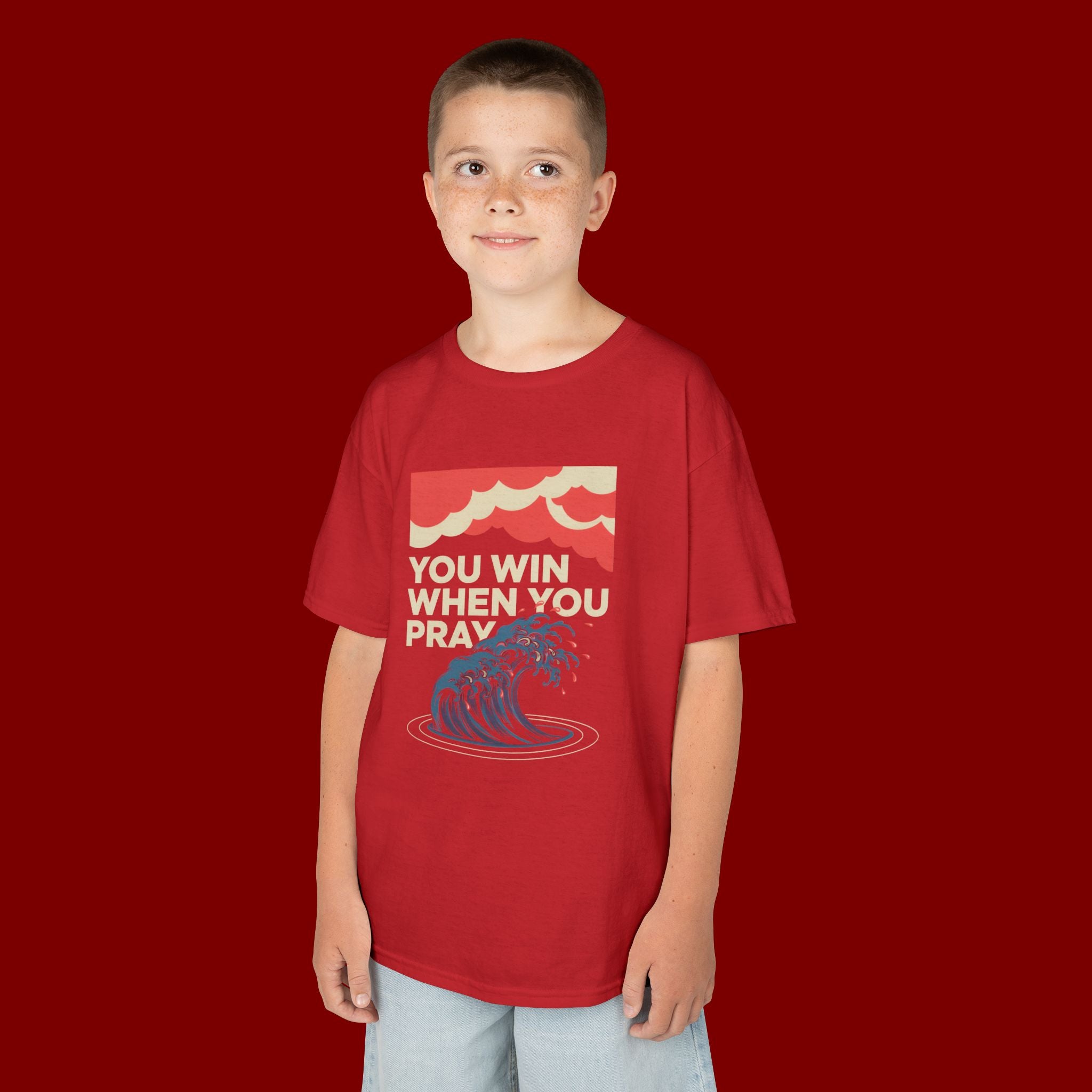 Kids Tee – “You Win When You Pray” Retro Wave Ocean Graphic