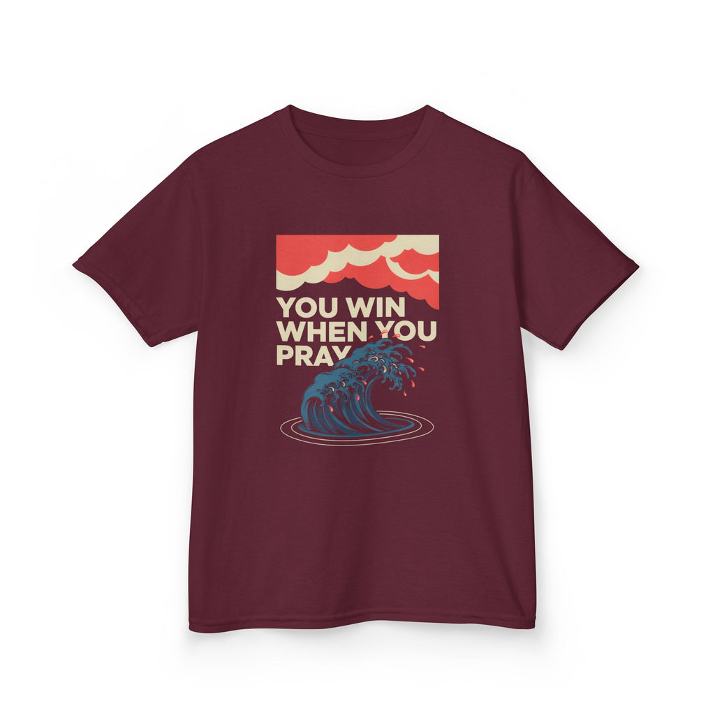 Kids Tee – “You Win When You Pray” Retro Wave Ocean Graphic
