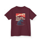 Kids Tee – “You Win When You Pray” Retro Wave Ocean Graphic