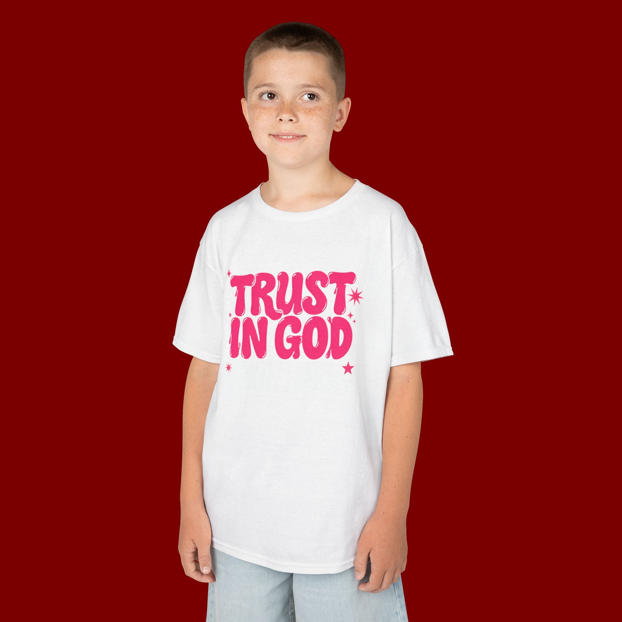 Kids Tee — "Trust in God" Pink Faith Graphic Shirt