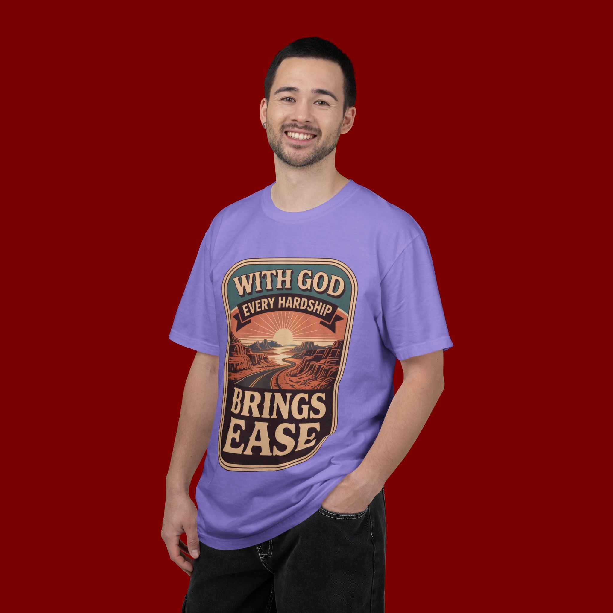 Scripture Comfort T-Shirt — "With God Every Hardship Brings Ease" Christian Faith Tee