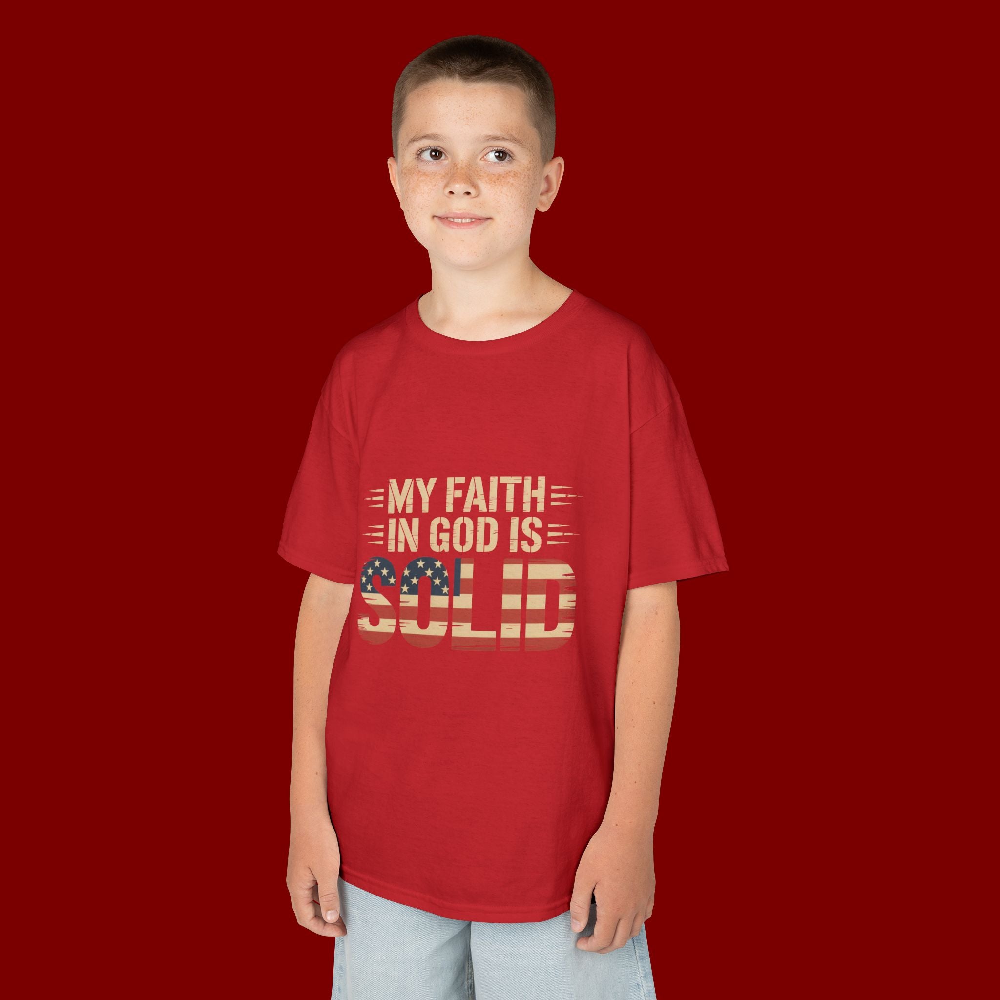 Kids Tee — "My Faith in God is Solid" Patriotic Christian T-Shirt