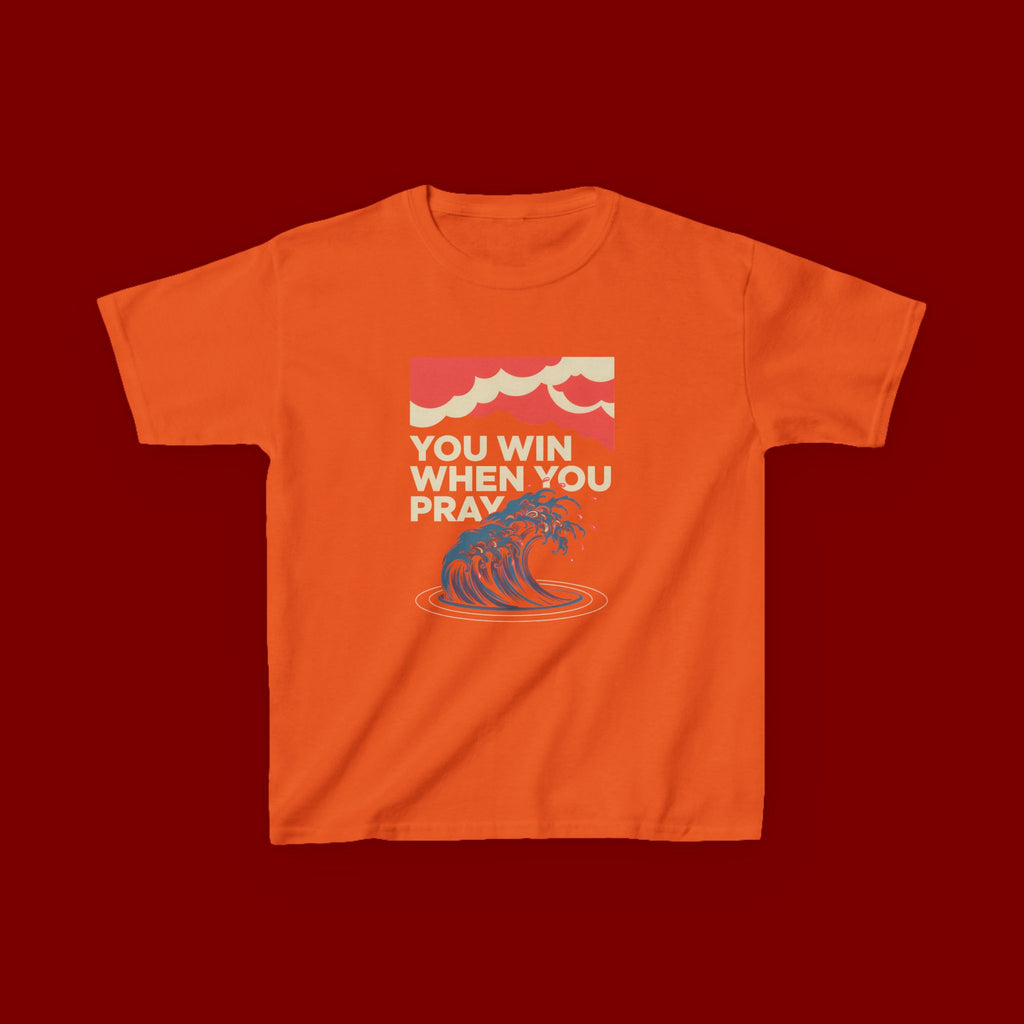 Kids Tee – “You Win When You Pray” Retro Wave Ocean Graphic
