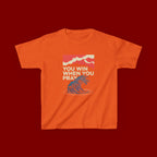 Kids Tee – “You Win When You Pray” Retro Wave Ocean Graphic