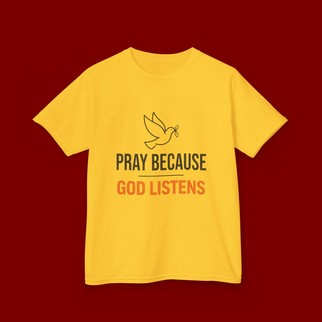 Kids T-Shirt — "Pray Because God Listens" Christian Faith Tee with Dove Graphic