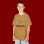 Kids T-Shirt — "Pray Because God Listens" Christian Faith Tee with Dove Graphic
