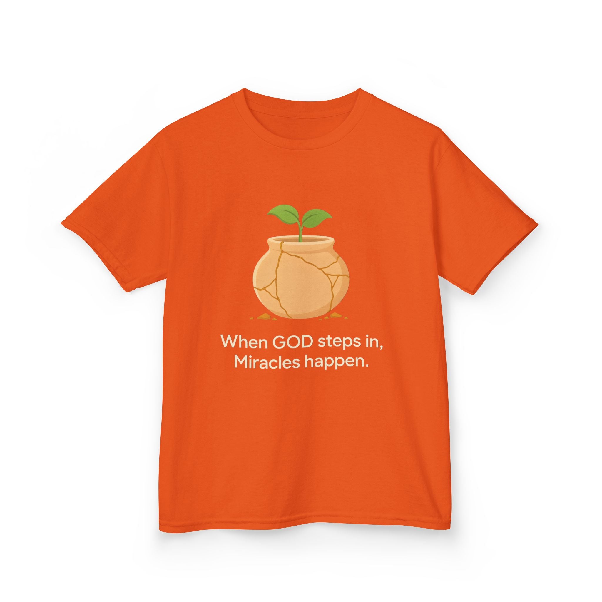 Kids Tee — "When GOD steps in, Miracles happen." Inspirational Christian T‑Shirt with Sprout Pot Design