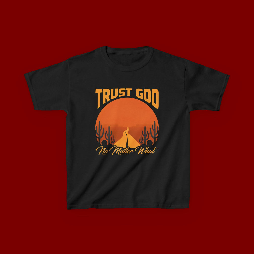 Kids Tee — "Trust God No Matter What" Sunset Camping Graphic