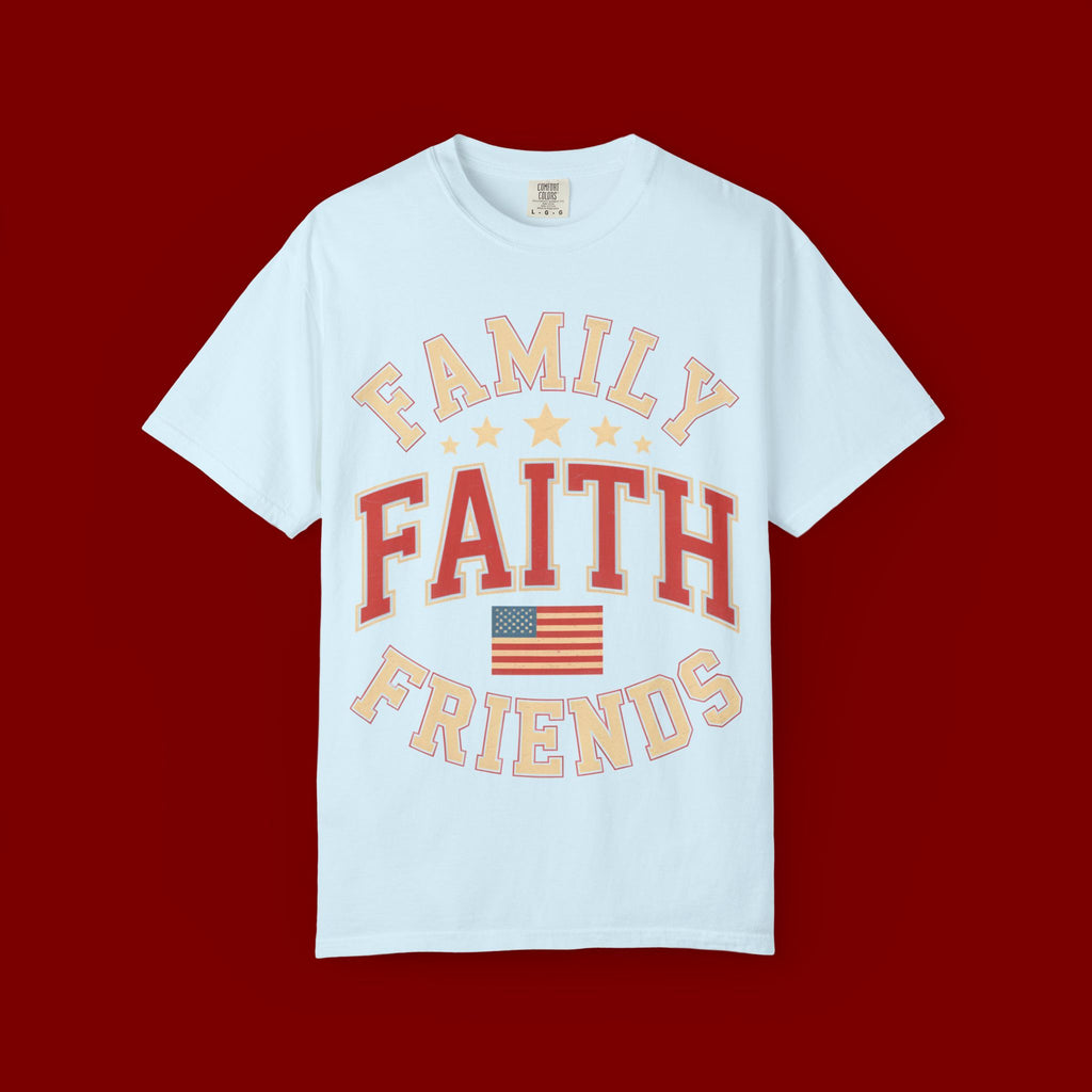 Family Faith Friends T-Shirt — Patriotic American Flag Tee