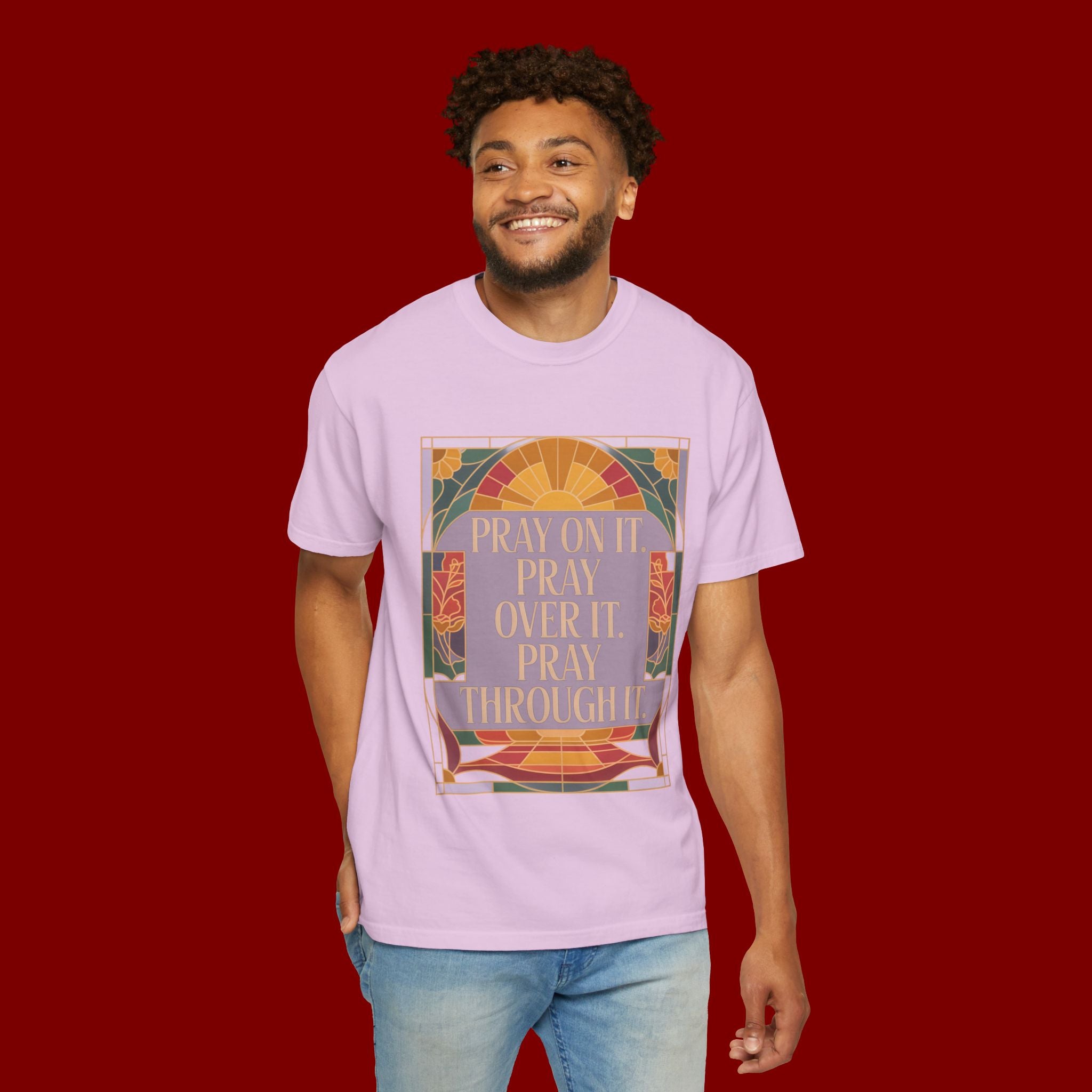 T-Shirt — Retro Sunset Floral Graphic “Play On It, Pray Over It, Pray Through It”