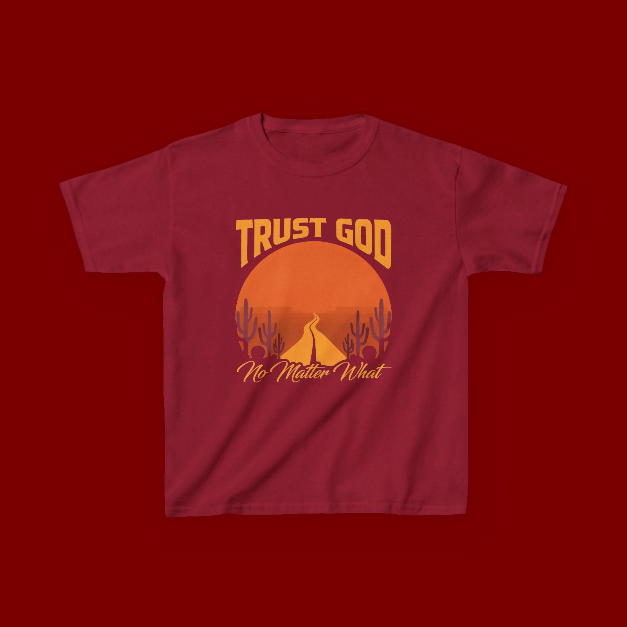 Kids Tee — "Trust God No Matter What" Sunset Camping Graphic