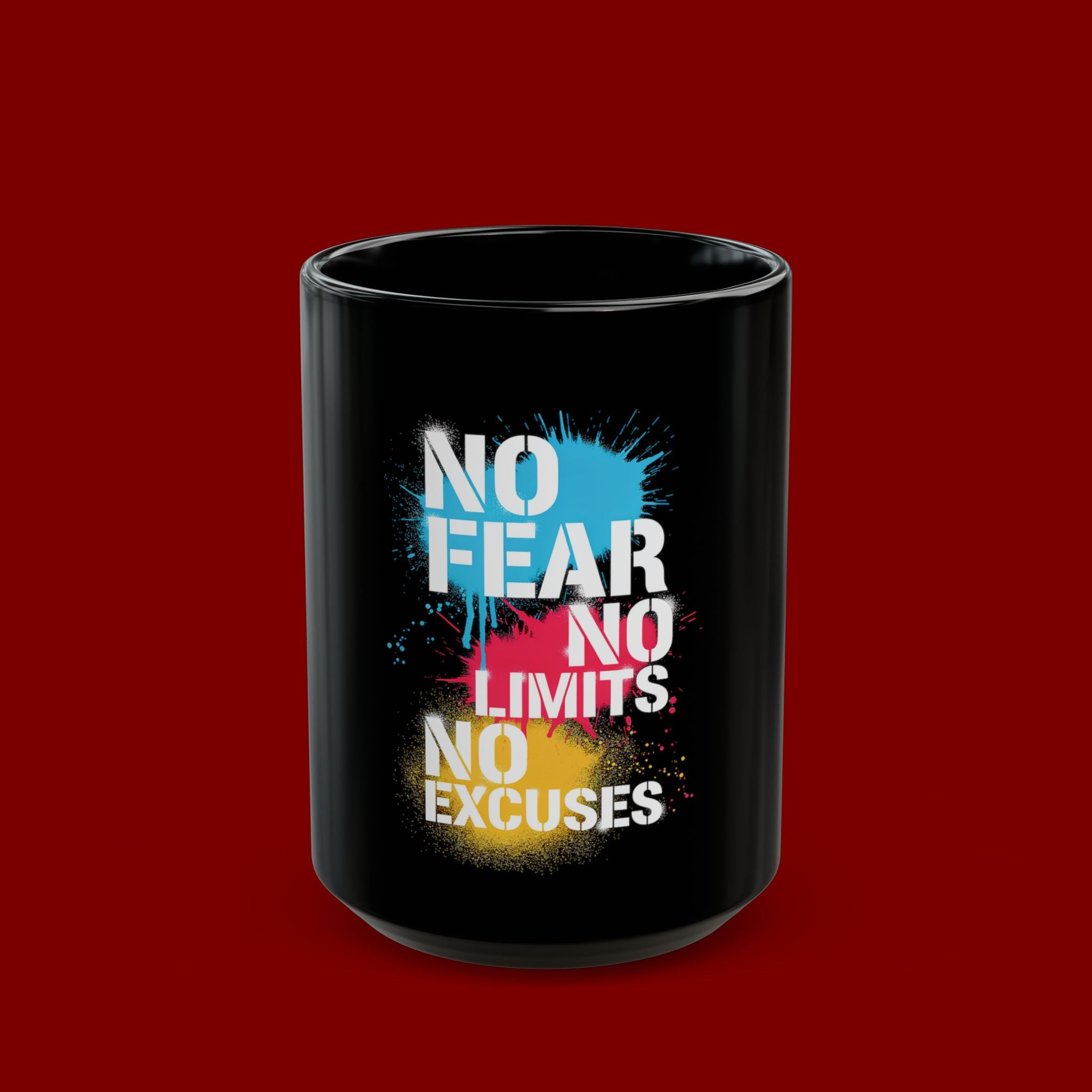Motivational Black Mug – "No Fear No Limits No Excuses" Inspirational Coffee Cup (11oz/15oz)