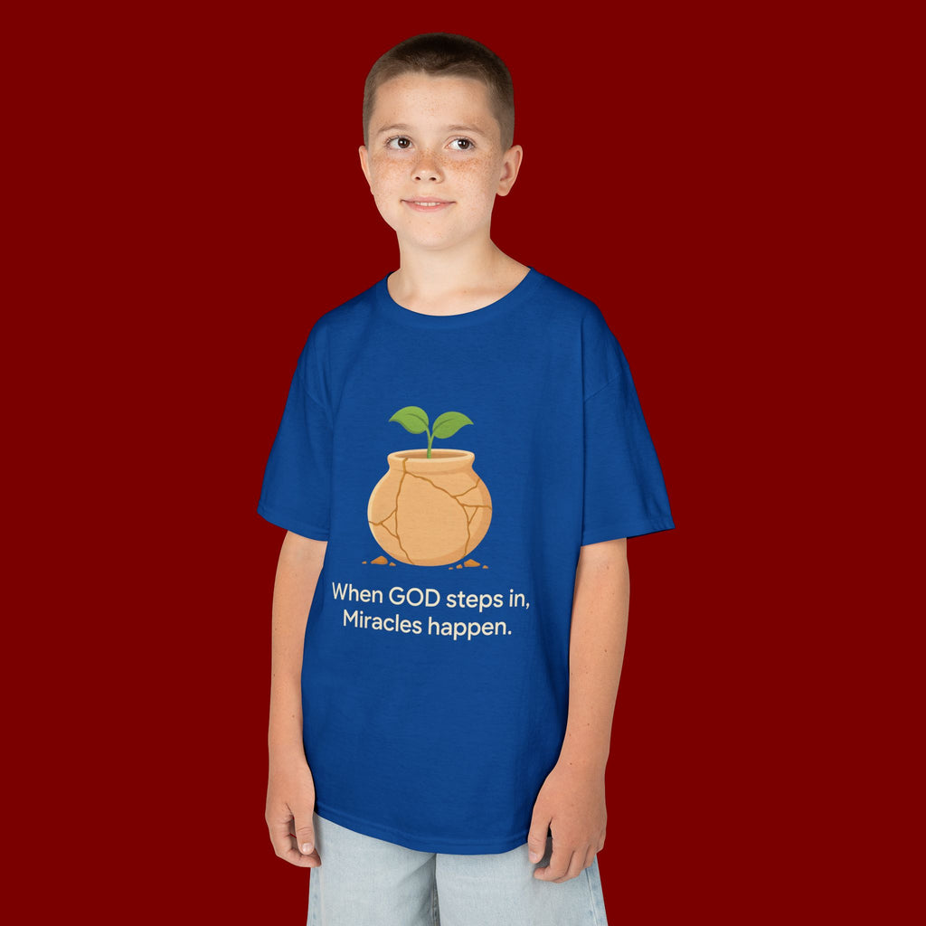 Kids Tee — "When GOD steps in, Miracles happen." Inspirational Christian T‑Shirt with Sprout Pot Design