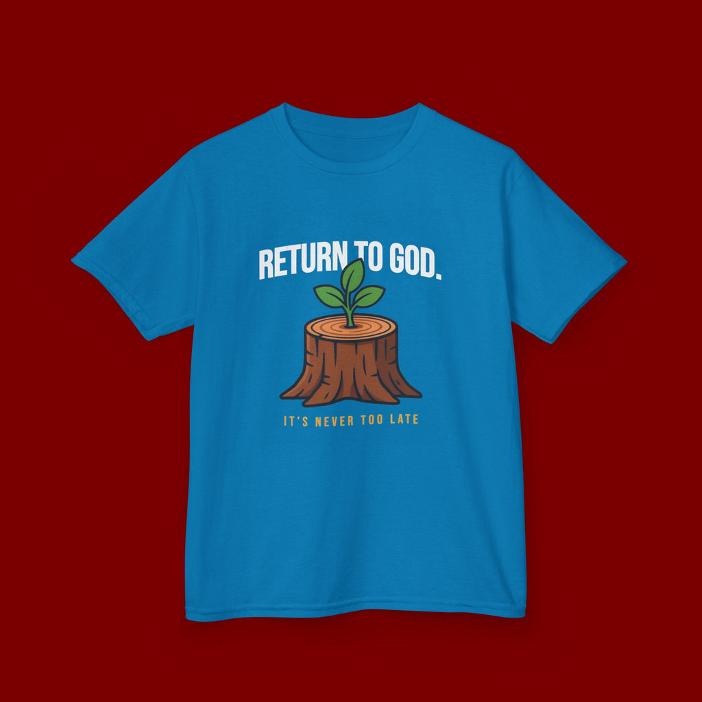 Return to God Kids T-Shirt – Tree Stump with Sprout, “It’s Never Too Late” Inspirational Youth Tee