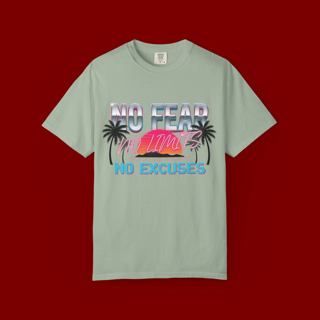 No Fear, No Excuses T-Shirt — Retro Sunset Palm Graphic Tee