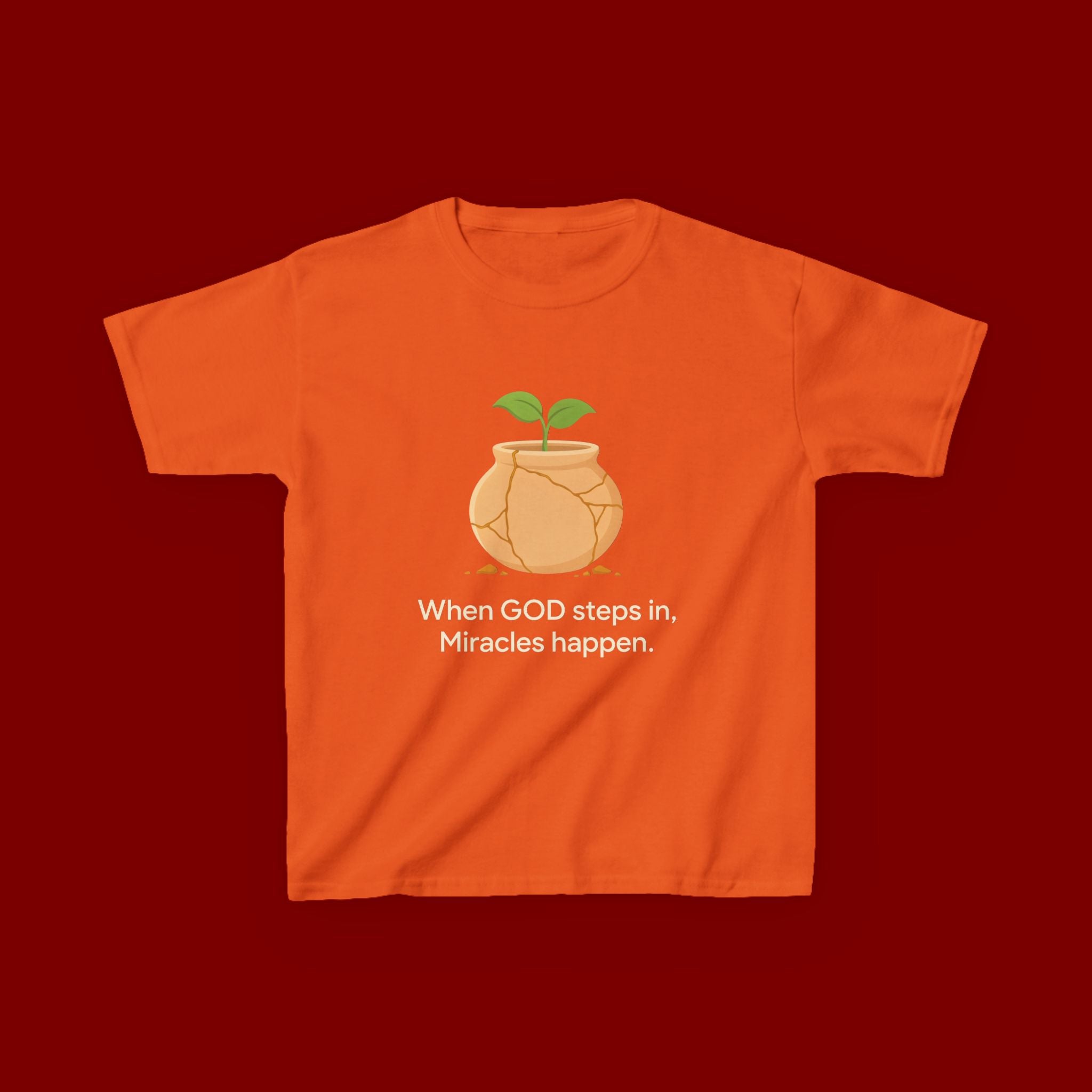 Kids Tee — "When GOD steps in, Miracles happen." Inspirational Christian T‑Shirt with Sprout Pot Design